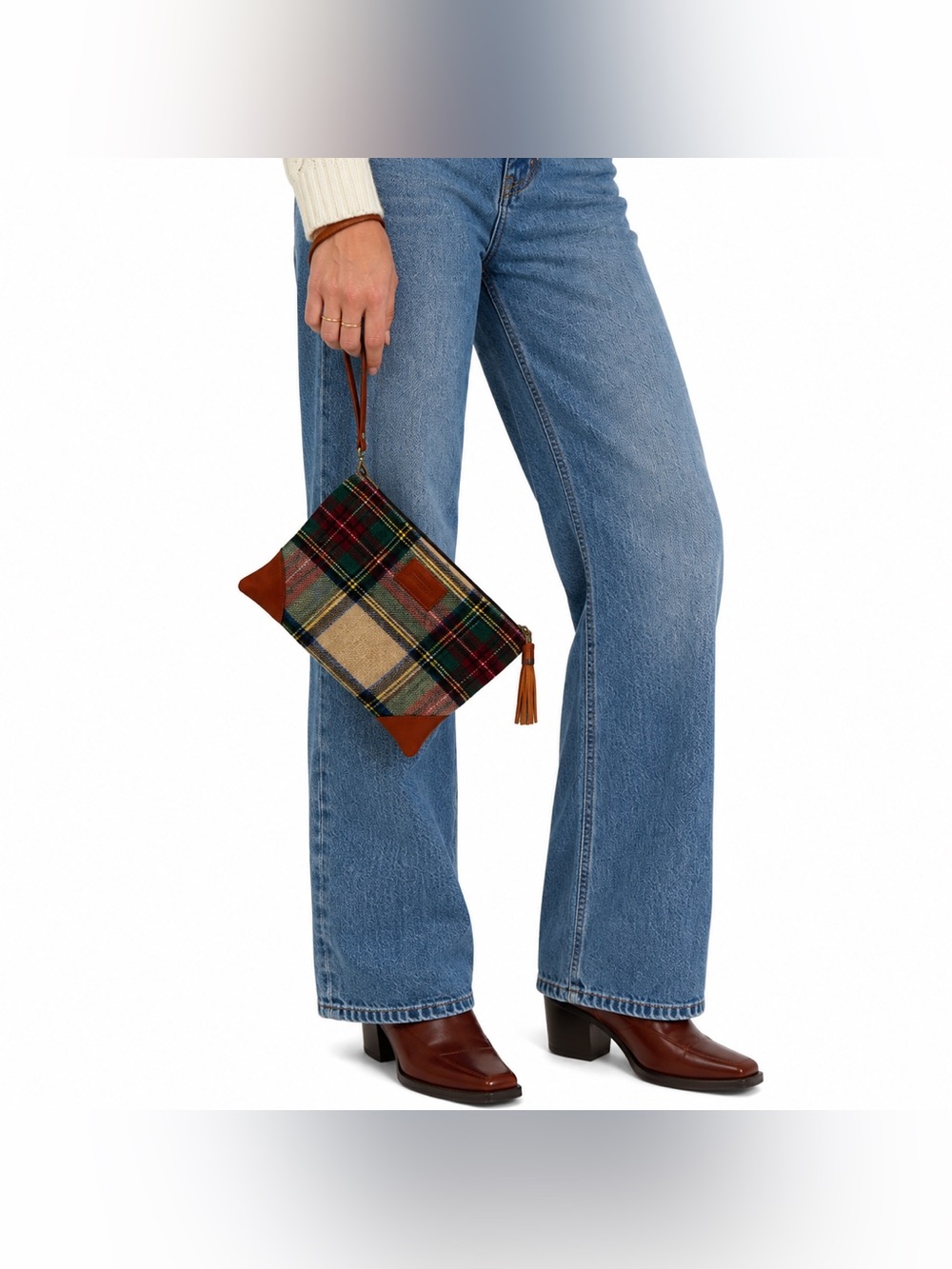 Funky Monkey Plaid Wristlet Clutch Brown Tassel Zip Pouch Tartan 8.5”